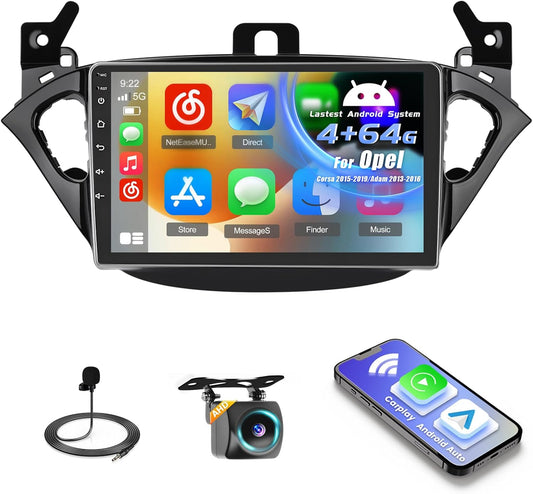 4+64G Car Radio for Opel Corsa 2015-2019/Opel Adam 2013-2016 Android with Wireless CarPlay Android Auto, 9 Inch Car Radio Speaker with Bluetooth WIFI GPS FM/RDS 32EQ SWC AHD - QUORE