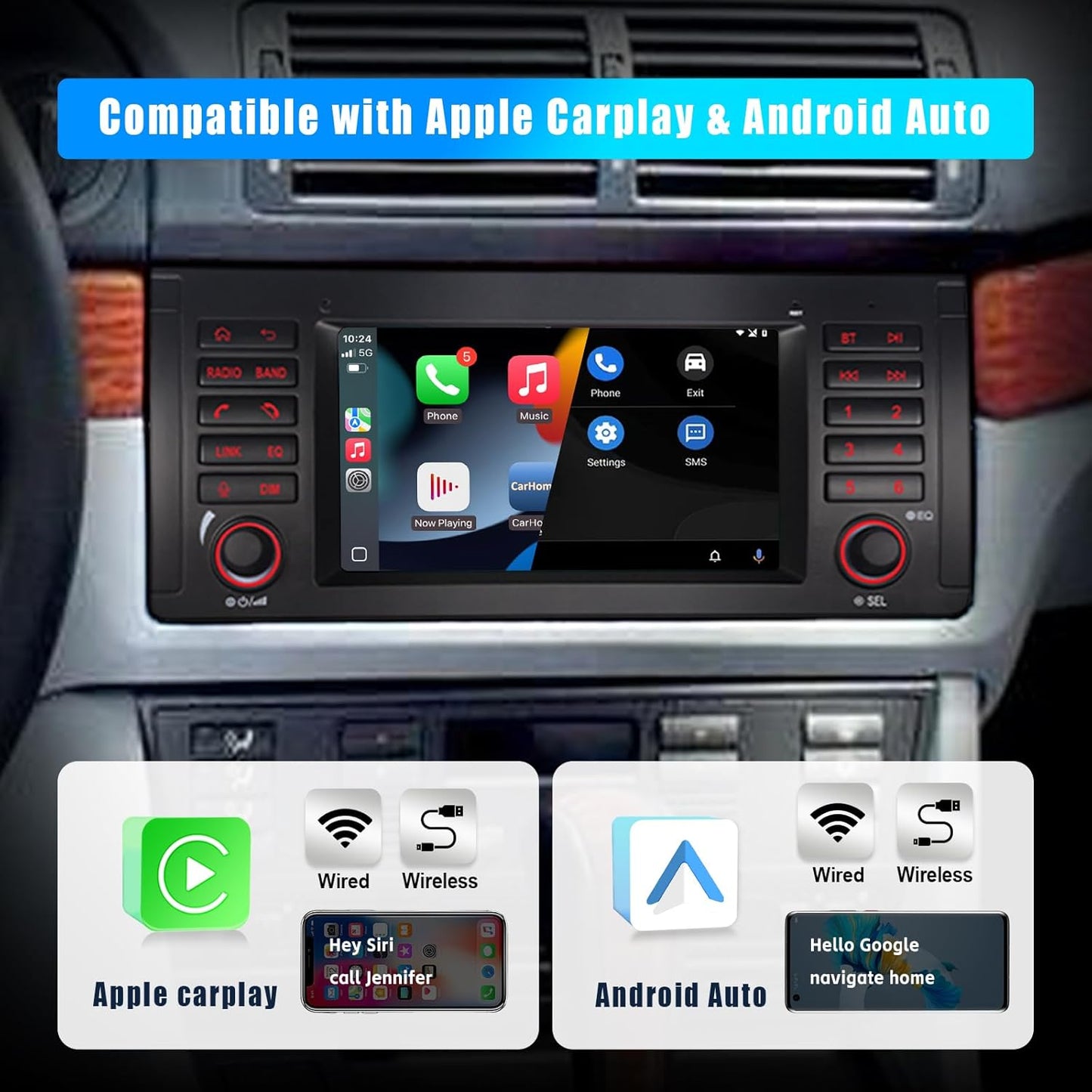Autoradio voor BMW E39 E53 M5 met Draadloze CarPlay Android Auto Linux Systeem Snel Opstarten Vloeiend Werken Bluetooth USB FM AM IPS Touchscreen (BMW E39)