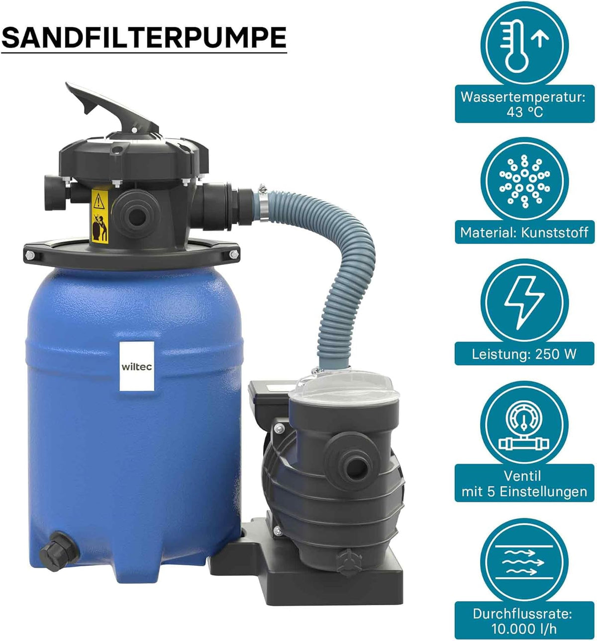 Wiltec zandfiltersysteem 250 W met 14 liter filtertank en zelfaanzuiging 10.000 l/h poolpomp