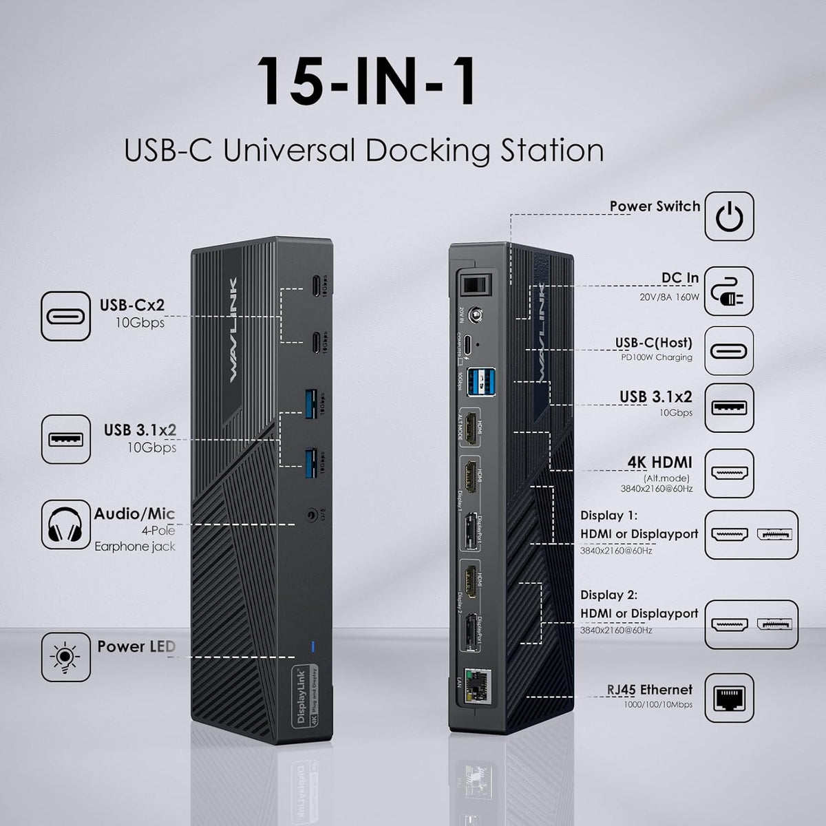 WAVLINK 15-in-1 DisplayLink Docking Station USB-C, Triple 4K monitoren (3X HDMI + 2x DP), 100W PD, 10 Gbit/s, Gigabit LAN, Audio/Mic, voor Windows & Mac (incl. M1/M2)