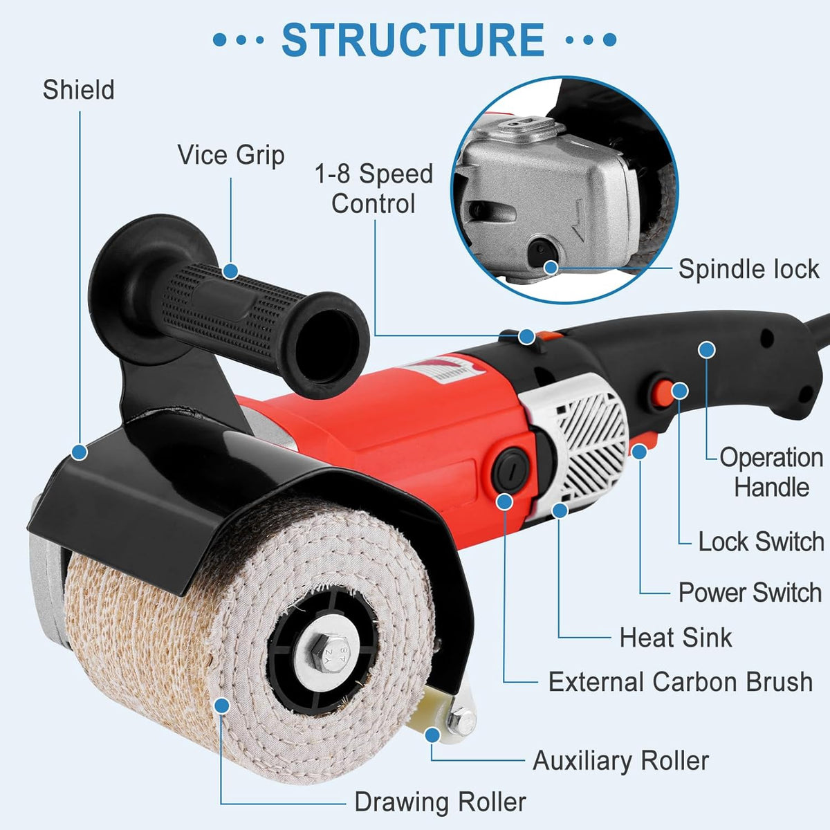 Elektrische Polijstmachine – Polijst- En Schuurmachine – Schuurmachine – Trommelschuurmachine – Buffermachine – Rood EU – 2800 W – 8 Instelbare Snelheden