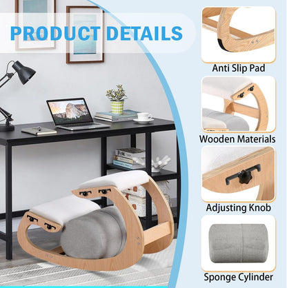 Ergonomische kniestoel, verstelbare schommelstoel van hout, verbeter je houding met een schuine zitting voor thuis, kantoor (wit eiken)