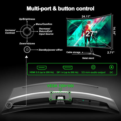 Minifire Gaming Curved Monitor 27 inch MFG27C1 200Hz 1Ms 120% sRGB monitor with Sprecher 1920 x 1080VA panel (MFG27C1 with HDMI cable) - QUORE