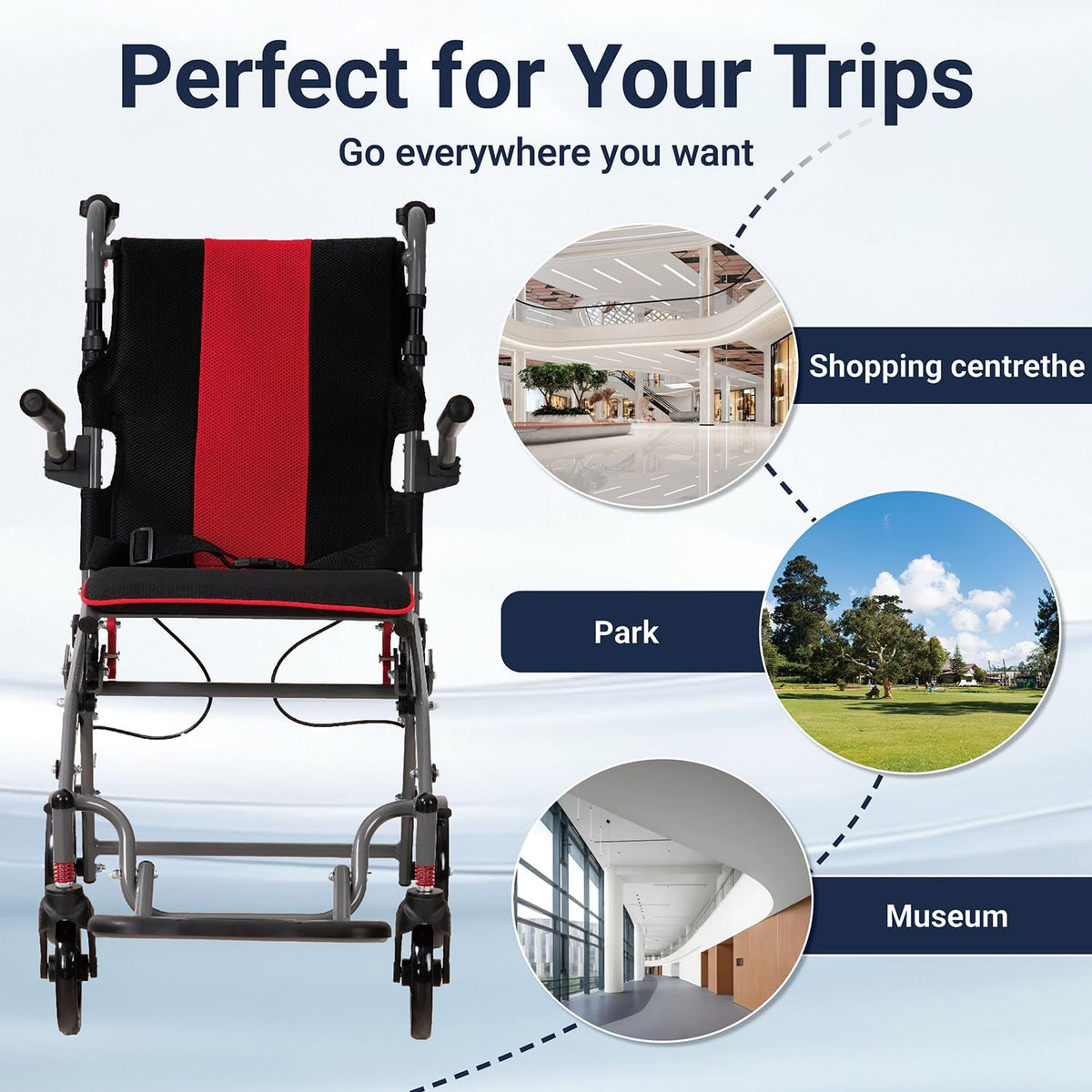 Rolstoel, opvouwbaar, licht, smalle transportrolstoel met verstelbare hoogte, ergonomische handgrepen en 360° wielen, geschikt voor woning en onderweg (Red)
