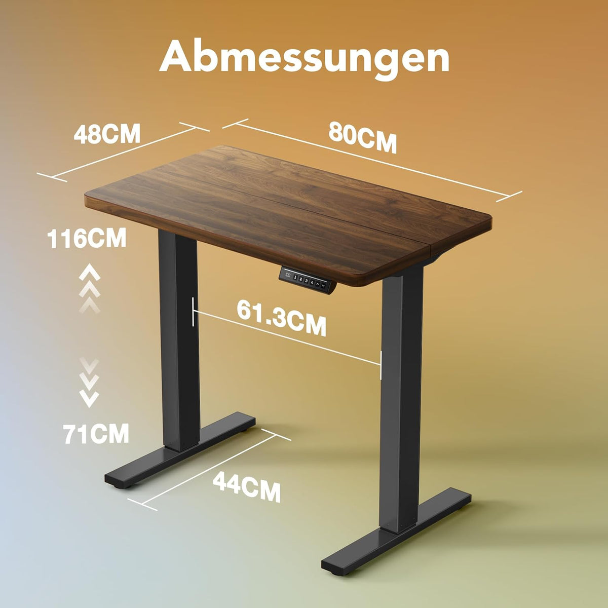 HUANUO In hoogte verstelbaar bureau 80 x 48 cm, 4 geheugenhoogteinstellingen, elektrisch bureau voor thuiskantoor en computerwerkplek, staand bureau, zwart walnoot
