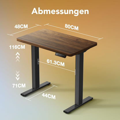 HUANUO In hoogte verstelbaar bureau 80 x 48 cm, 4 geheugenhoogteinstellingen, elektrisch bureau voor thuiskantoor en computerwerkplek, staand bureau, zwart walnoot