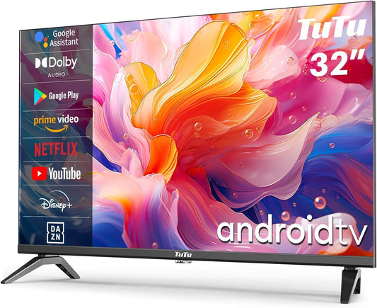 TuTu Smart TV 32 inch (80 cm) WiFi Bluetooth Android verbonden tv met Netflix, Prime Video, Disney+, Triple Tuner, Chromecast Built-in, TUS32HN1AC, 2024