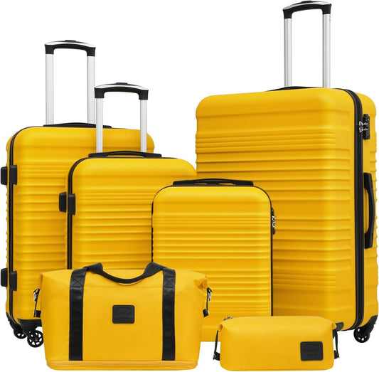 COOLIFE Kofferset, trolley, koffer, ABS, harde schaal, reiskoffer, 4 wielen, TSA-slot, intrekbare trolley, de koffer bevat 1 reistas en 1 toilettas, geel/zwart, Koffer-Set 6tlg, Harde trolley koffer