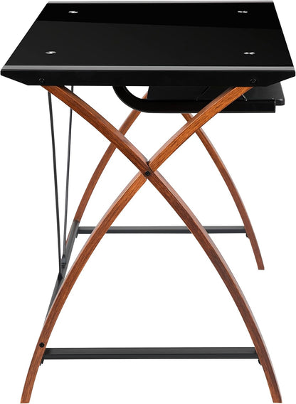 Flash Furniture Jude Zwart glazen computerbureau met uittrekbare toetsenbordlade en kriskras frame