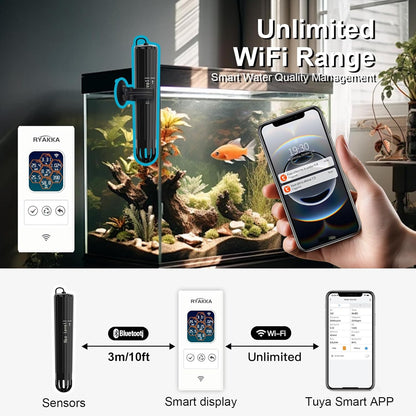 7-in-1 Smart aquarium watertester, pH, chloor, zoutgehalte, TDS, EC, ORP en temperatuurmeting voor aquaria met WLAN en Tuya-app voor real-time monitor en automatische meldingen