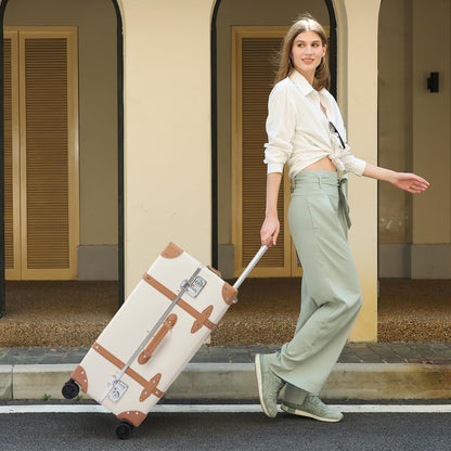 Urecity 3-delige retro bagageset - vintage lederen koffer voor dames, stijlvolle en ruime reiskofferset met robuust aluminium frame, wit met bruin, S(12")+L(26"), vintage