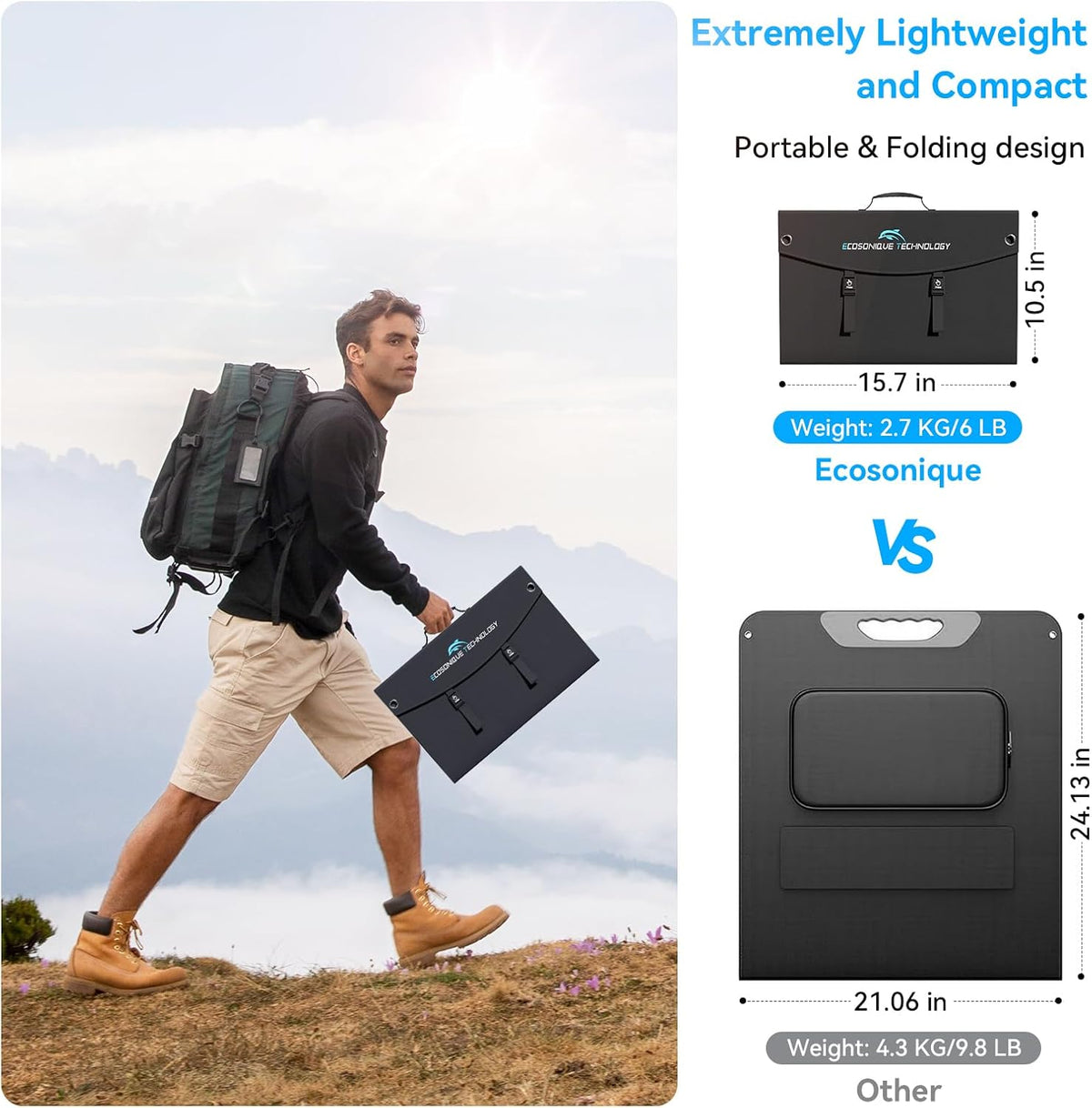 Ecosonique 100W Foldable Solar Charger, Portable Solar Charger, Fast Charging with USB-C PD3.0 USB-A QC3.0 DC 20 V, Light with Stand for Camping, Power Station, Solar Generators - QUORE
