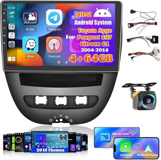 8 Core 4+64G Android Radio for Toyota Aygo/Peugeot 107/Citroen C1 2004-2014, 10.1 inch HD Touch Screen with Wireless CarPlay and Android Auto, GPS Navigation, Rear View Camera AHD, FM/RDS - QUORE