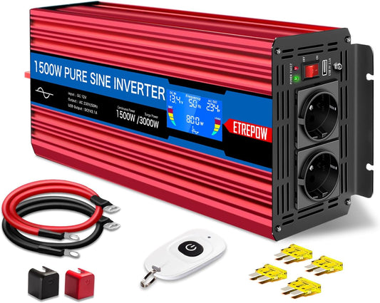 1500W 24V naar 230V Pure Sinus Volt Auto spanningsomvormer Omvormer Converter Pure Sine Wave Power Inverter DC AC omvormer (Draadloze afstandsbediening, display)