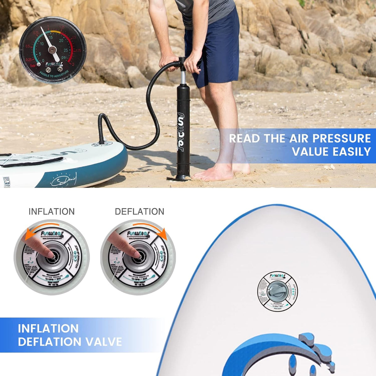 FunWater Opblaasbaar stand-up paddleboard met verstelbare peddel, handpomp, antislip EVA-plank, veiligheidslijn, voor volwassenen