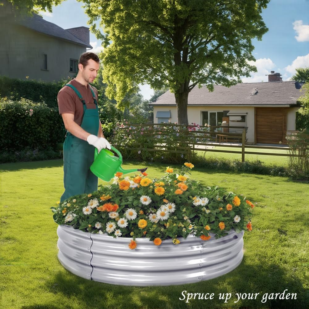 2 stuks verhoogd tuinbed 4 x 4 x 1 ft rond gegalvaniseerde metalen verhoogde tuindozen outdoor plantenbak voor groenten bloemen kruiden (4×4×1 ft / 120 x 120 x 29 cm)
