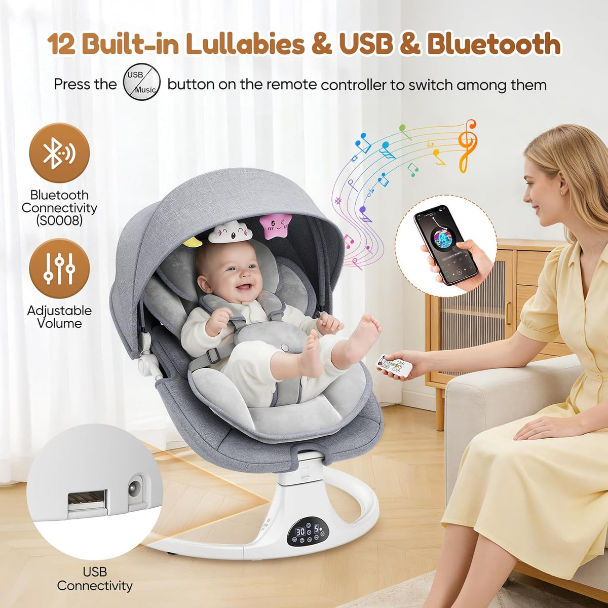 Babyschommel voor baby's tot peuter, elektrische pasgeboren schommel met 5-versnellingen, 3-zitplaatsen, 5-punts karabijnhaak, met Bluetooth-muziek, 10-vooraf ingestelde melodieën, binnen en buiten - QUORE