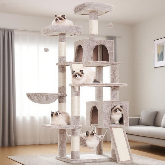 Cat Tree Indoor Cat Tree 200cm Cat Scratching Post with Large Adult Cats, 2 Scratching Boards, 7 Scratching Posts, 2 Plush Platforms, 2 Cat Cavities, Marrone GCT032MU - QUORE