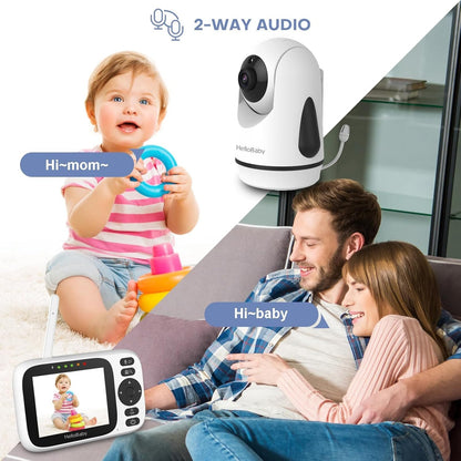HelloBaby Babymonitor met 2 camera's, 8,1 cm (3,2 inch) IPS-display, geen wifi, op afstand bestuurde panorama-zoom, infrarood nachtzicht, 1000 meter draadloze verbinding