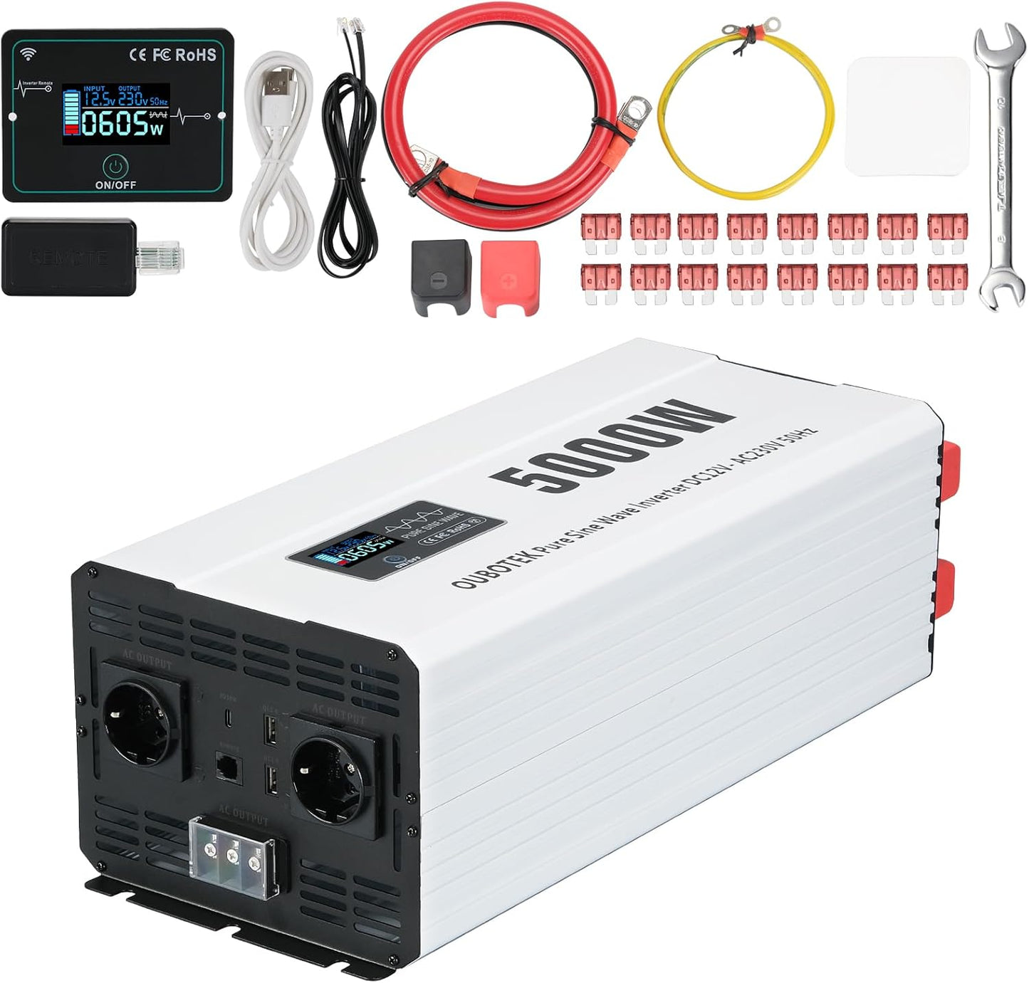 omvormer 5000W zuivere sinus DC 12V naar AC 230V met draadloze afstandsbediening LCD-scherm 2 AC-stopcontacten 1 AC-rijklem, spanningstransformator voor camper thuis off-grid zonne-energie