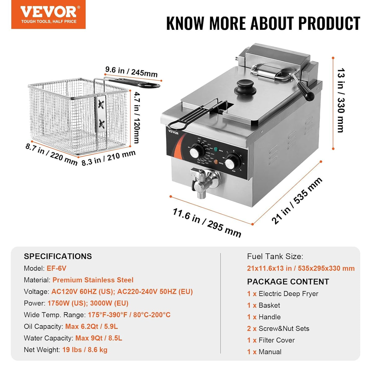 VEVOR Professionele elektrische pianofriteuse 3000 W met mand, 8,5 l enkelvoudige oliefriteuse, verdikt roestvrij staal 1 mm, tijdcontrole, gebruik in de keuken, restaurant, zilver