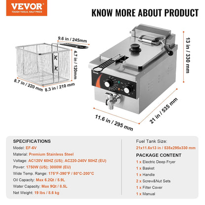 VEVOR Professionele elektrische pianofriteuse 3000 W met mand, 8,5 l enkelvoudige oliefriteuse, verdikt roestvrij staal 1 mm, tijdcontrole, gebruik in de keuken, restaurant, zilver