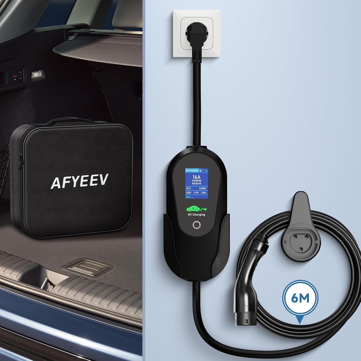 Type 2 EV-Oplader 3,68 kW [6 m 6-16 A 1-fasig], APP Enabled Type 2 Oplaadkabel Schuko Oplaadkabel Elektrische Auto, Instelbare stroom & Vertraagd opladen