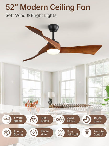 Plafondventilator met verlichting en afstandsbediening, 3 houten vleugels, 132 cm, timer, 3 kleurtemperaturen, 6 snelheden, zomer, winter, DC, stille plafondventilator met licht voor woonkamer