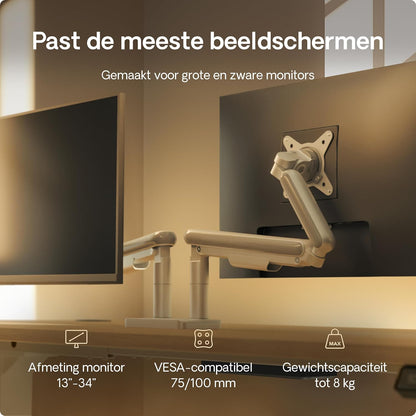 Desktronic Dual Monitor Bracket, Up to 34" & 8kg, 360° Rotation, Height Adjustable, Sturdy, Easy Installation, For Large Screens, Ergonomic Design, Compatible with All VESA 75/100, White - QUORE