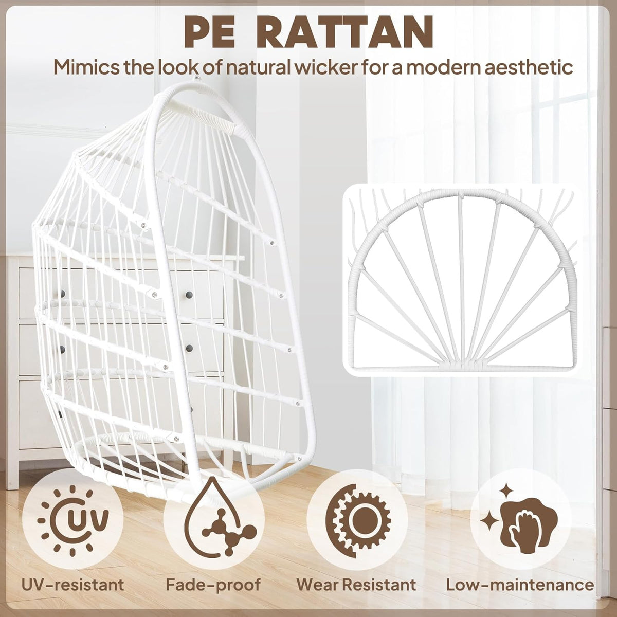 Chihee Opvouwbare rieten rotan hangstoel schommel - binnen/buiten patio rieten hangstoel met roestvrijstalen hangset ketting schakel UV-bestendig kussen voor slaapkamer/balkon
