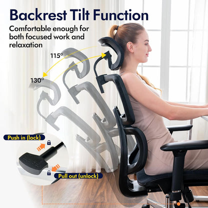Ergonomic Office Chair, High Back Fully Mesh Office Chair with Lumbar Support, Tilting Gaming Chair, Adjustable 3D Armrest, Headrest, Large and High Swivel Computer Chair, 150 kg