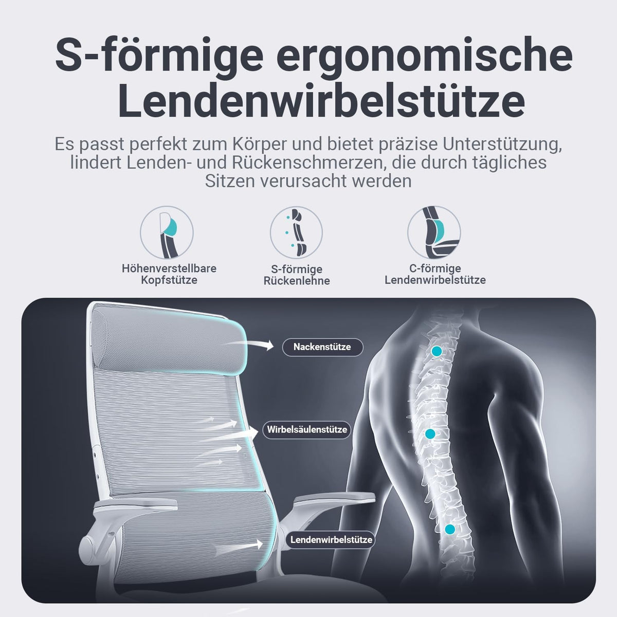 Bureaustoel – Ergonomische Stoel – Werkstoel – Managersstoel – Computerdraaistoel – Verstelbare Hoofdsteun – Mesh Rugleuning – Inklapbare Armleuningen – Lendensteun – Kantelfunctie – EN 1335 Norm