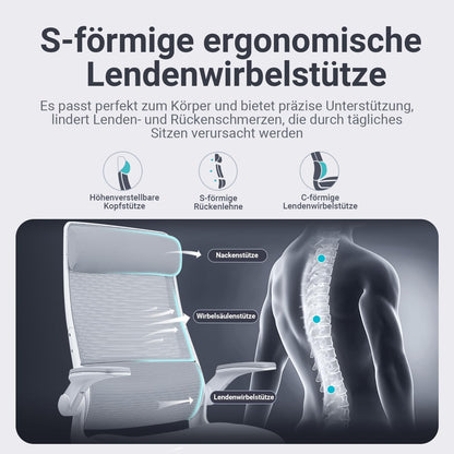 Bureaustoel – Ergonomische Stoel – Werkstoel – Managersstoel – Computerdraaistoel – Verstelbare Hoofdsteun – Mesh Rugleuning – Inklapbare Armleuningen – Lendensteun – Kantelfunctie – EN 1335 Norm