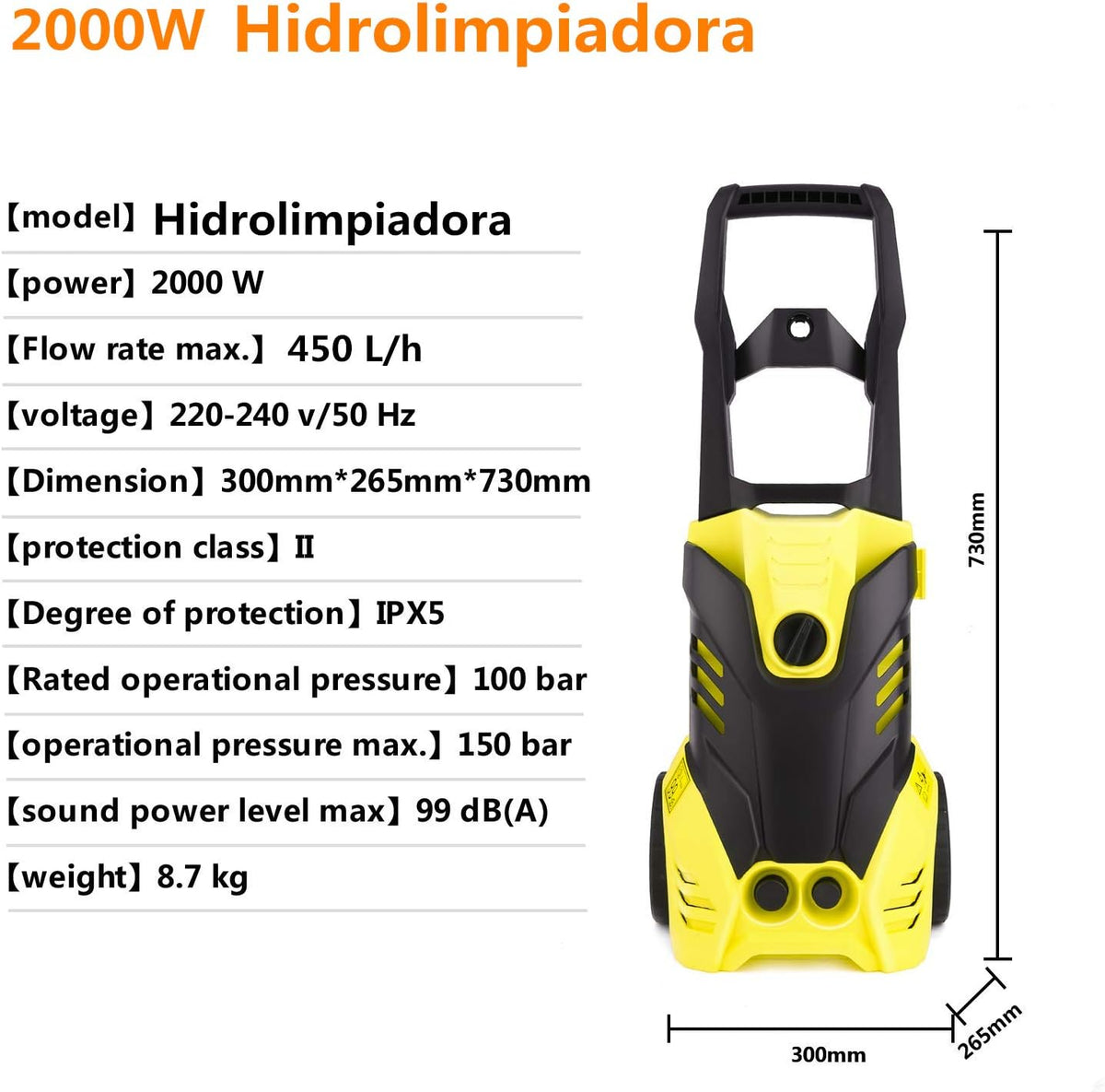 Hogedrukreiniger, 2000 W, 150 bar, 450 l/u, hogedrukreiniger, 5 m slang, voor autowassen, terras en huishouden