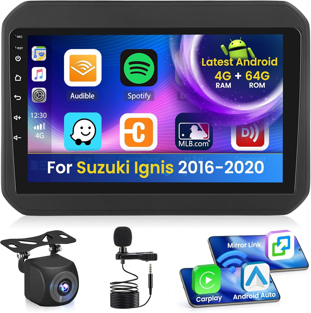 Android 15 autoradio voor Suzuki Ignis 2016-2020 4+64G met Wireless CarPlay Android Auto, 9 inch scherm ondersteuning FM RDS 32EQ GPS Bluetooth WiFi SWC AHD achteruitrijcamera