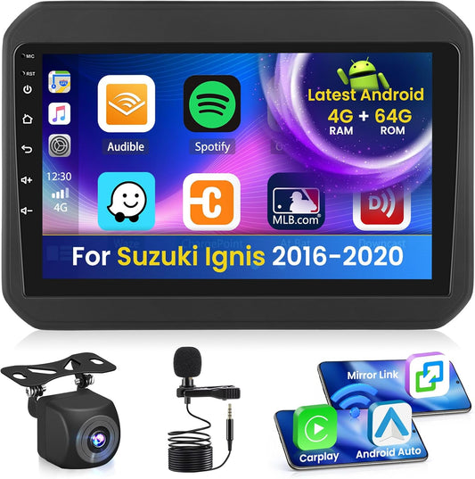 Android 15 autoradio voor Suzuki Ignis 2016-2020 4+64G met Wireless CarPlay Android Auto, 9 inch scherm ondersteuning FM RDS 32EQ GPS Bluetooth WiFi SWC AHD achteruitrijcamera