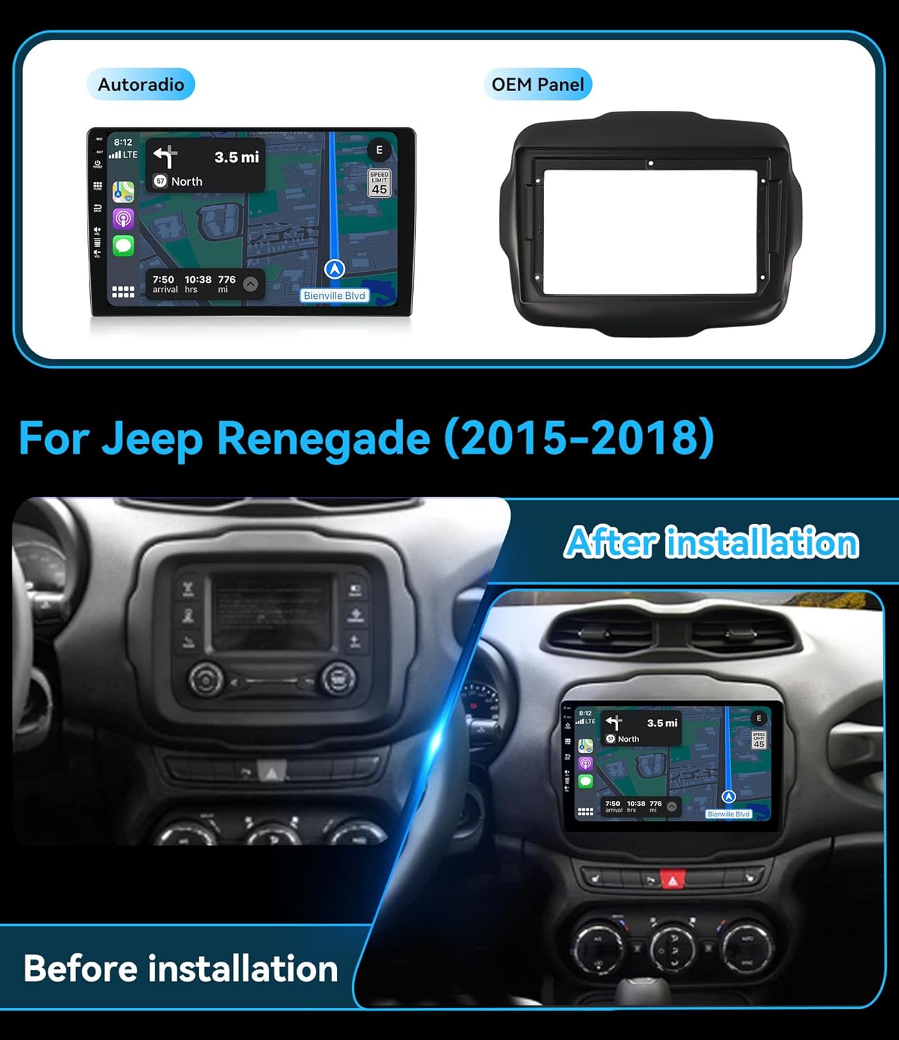 Autoradio Jeep Renegade – Multimedia Speler – Navigatiesysteem – 2 DIN Hoofdunit – Auto Stereo – Android 14 – 9 Inch Touchscreen – Draadloos CarPlay & Android Auto – GPS Navigatie – Dual Band WiFi