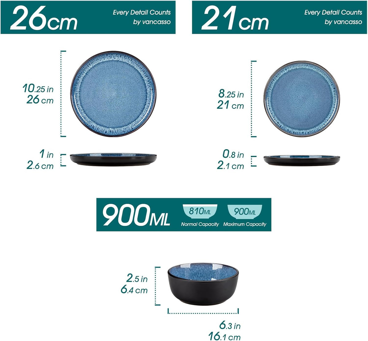 vancasso PLAYA Tafelservies voor 6 personen, modern servies, 18 delen van aardewerk, 6 platte borden, dessertborden en kommen, vaatwasmachinebestendig, reactief geëmailleerd, blauw