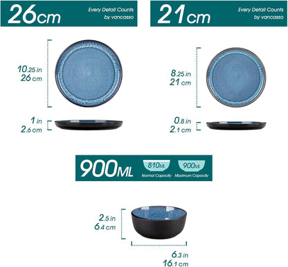 vancasso PLAYA Tafelservies voor 6 personen, modern servies, 18 delen van aardewerk, 6 platte borden, dessertborden en kommen, vaatwasmachinebestendig, reactief geëmailleerd, blauw