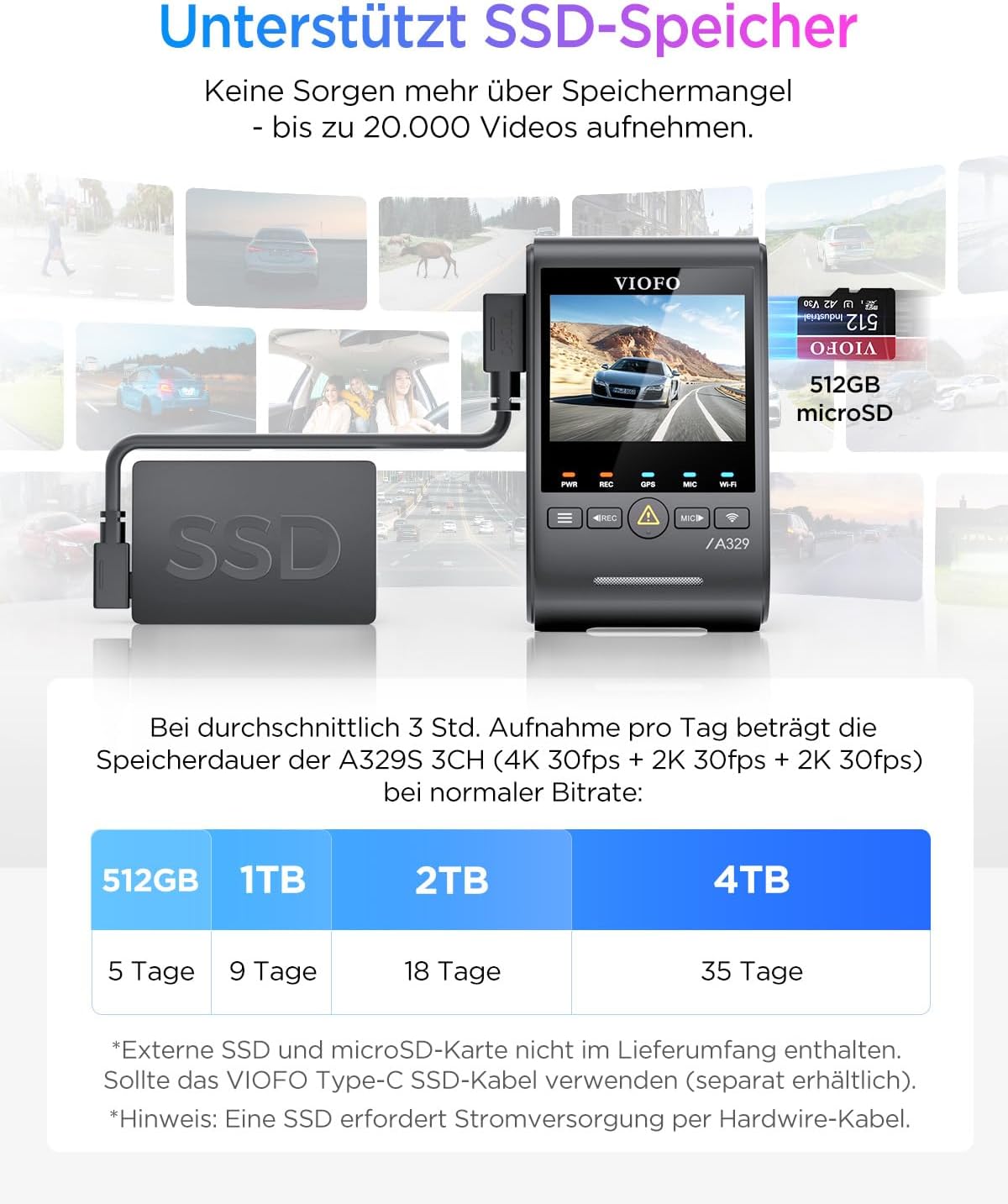 VIOFO A329S 3CH 4K dashcam voor achter, 4K + 2K + 2K dashcam auto 3 lens, energiebesparende parkeermodus, 210° ultragroothoek binnencamera, wifi 6 en app-bediening, drie Starvis 2 autocamera