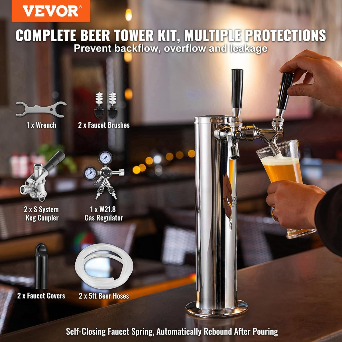 VEVOR Kegerator Tower Kit, dubbele kranen bierconversiekit, roestvrijstalen vaatje biertorendispenser met dubbele meter W21.8 regelaar en S-systeem vaatkoppeling voor feest thuis