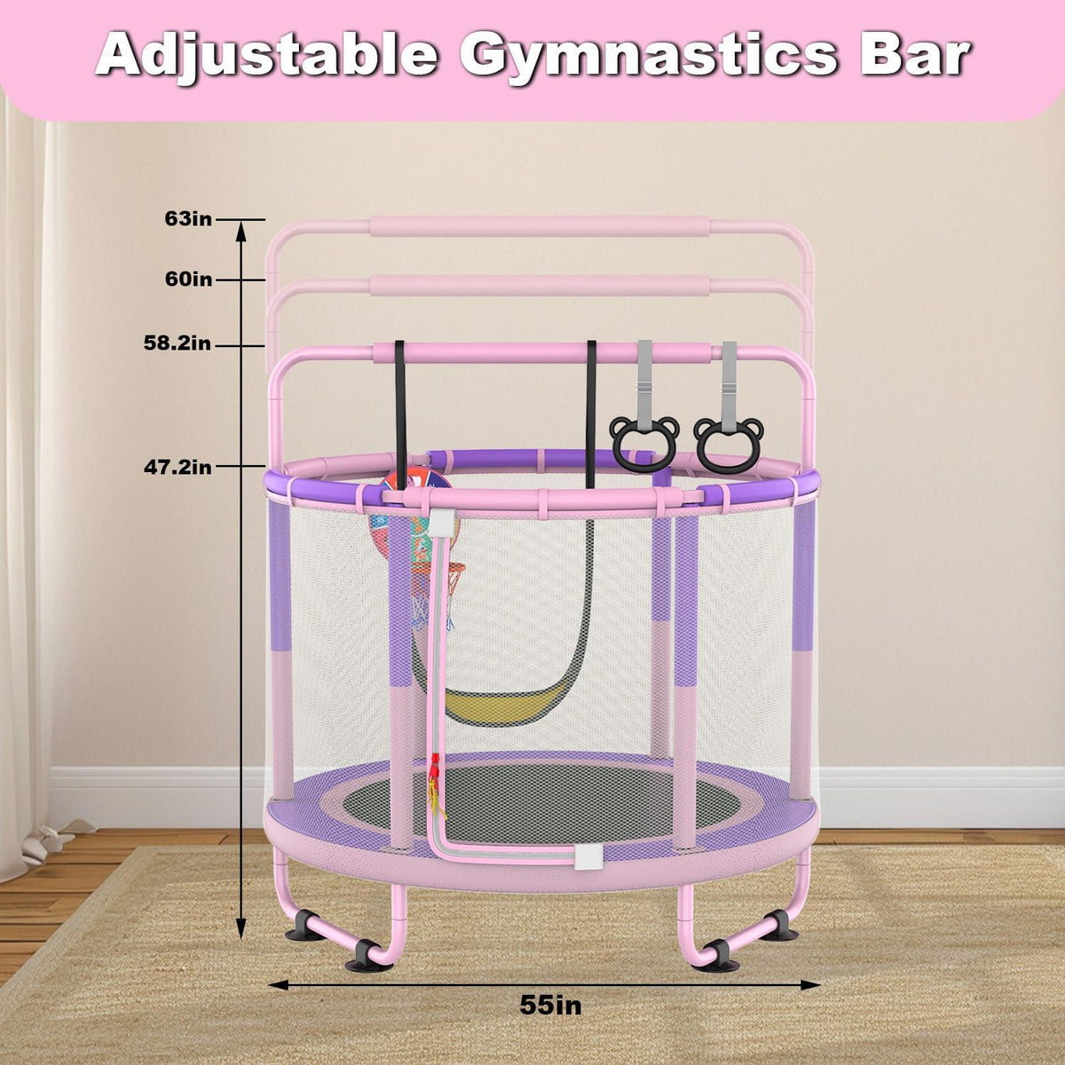 Kindertrampoline, kindertrampoline voor buiten, binnen en buiten, beschikbare trampoline, met veiligheidsnet, mand, stang, schommel, cadeau voor kinderen