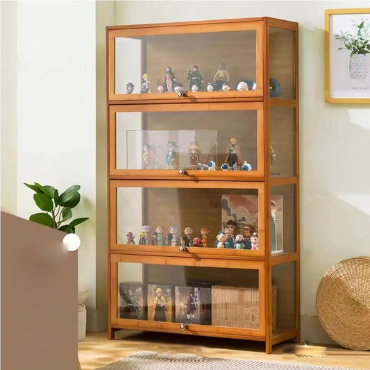 Vitrinekast voor verzamelaars, frame van natuurlijk bamboe, vitrine uit de acrylcollectie, stofdicht, geschikt voor thuis- en kantoorgebruik (houtkleur, 4-vloers-80 cm)
