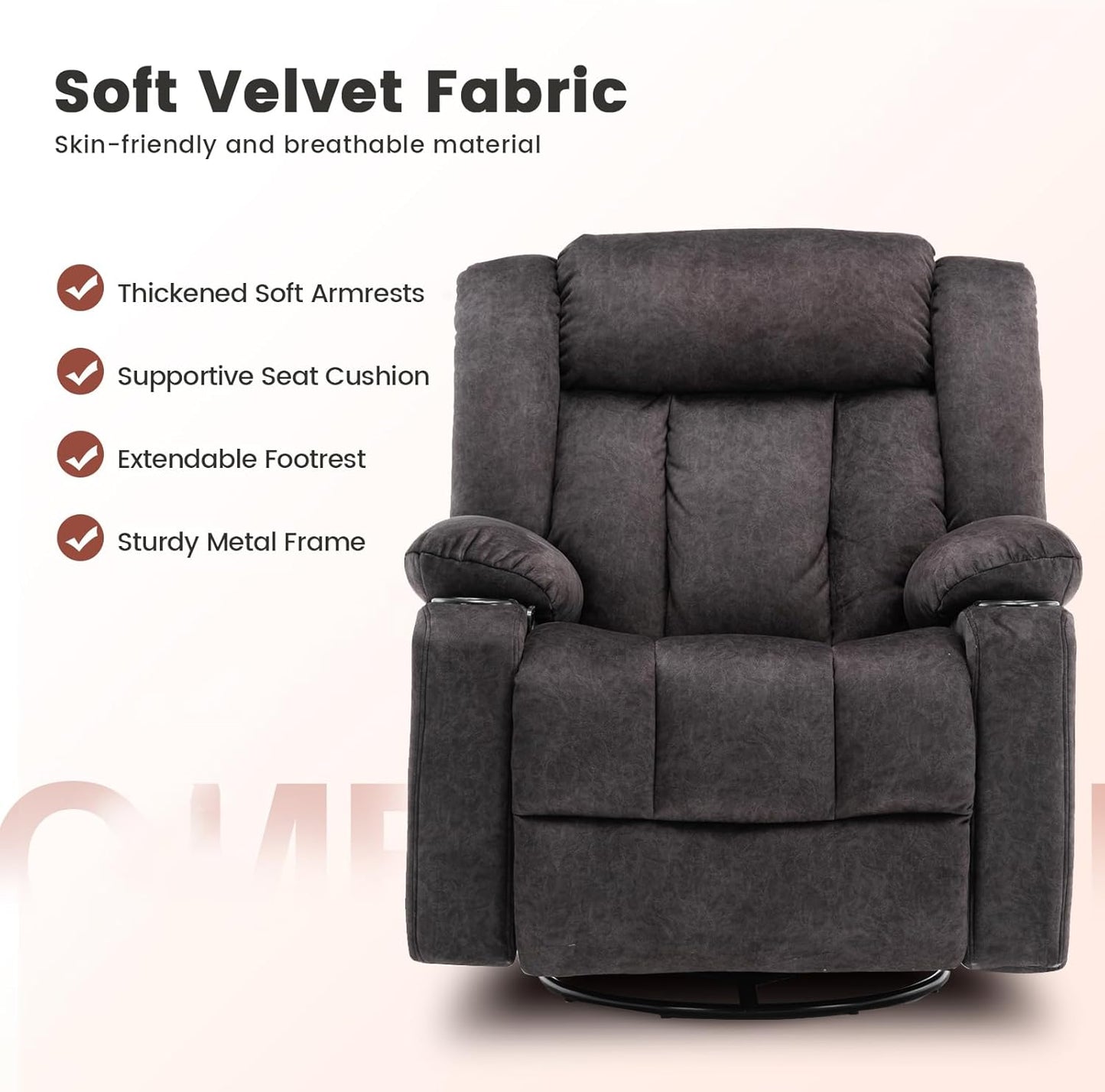 Relaxstoel – Verstelbare Fauteuil – Ligstoel – Loungechair – Draaifauteuil – Met Voetensteun – Ademend Stof – Met Bekerhouders en Opbergruimte – Grijs