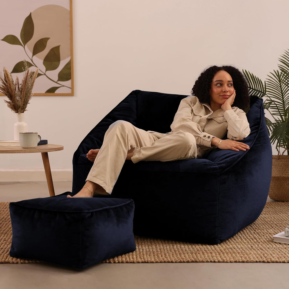 Zitzak – Beanbag – Fauteuil – Lounger – Hocker – Donkerblauw – Fluweel – Inclusief Vulling – Waterafstotende Bodem