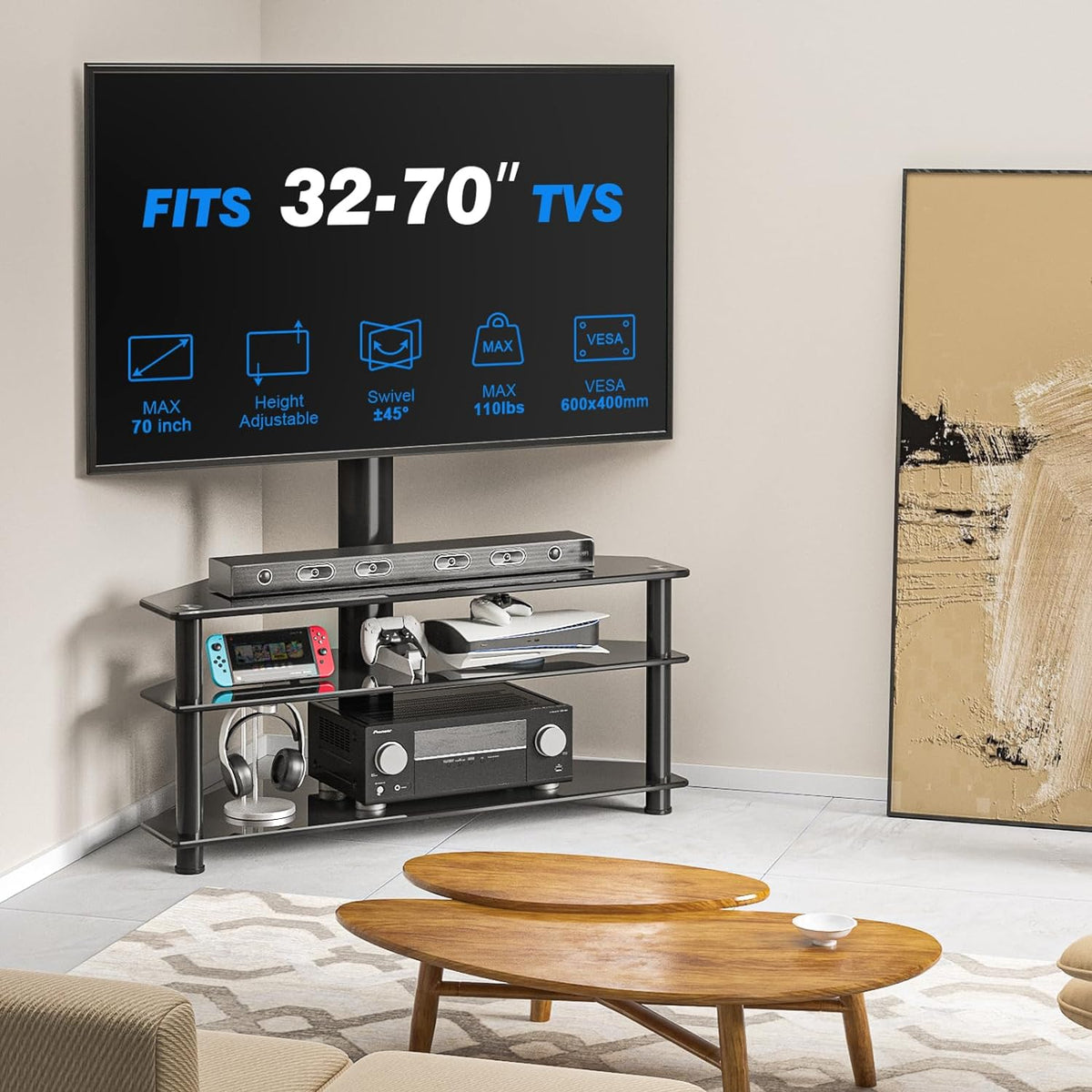 Rfiver Tv-rek, glas, televisietafel, tv-standaard voor 32-70 inch televisie, ± 45 graden draaibaar en in hoogte verstelbaar, tv-hoekkast, meubel, tv-kast met 3 planken van gehard glas, max. 50 kg