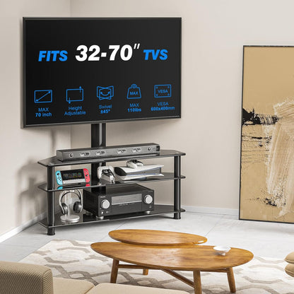 Rfiver Tv-rek, glas, televisietafel, tv-standaard voor 32-70 inch televisie, ± 45 graden draaibaar en in hoogte verstelbaar, tv-hoekkast, meubel, tv-kast met 3 planken van gehard glas, max. 50 kg