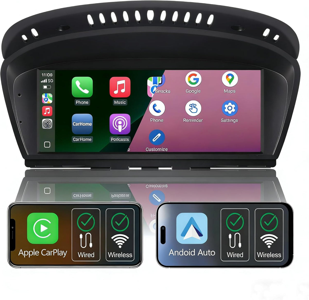Linux-autoradio met IPS-scherm touchscreen voor BMW CCC-systeem (2003-2009): 3-serie E90/E91/E92/E93, 5-serie E60/E61, 6-serie E63/E64, Wireless CarPlay/Android Auto, AM/FM RDS-radio, DSP, Bluetooth