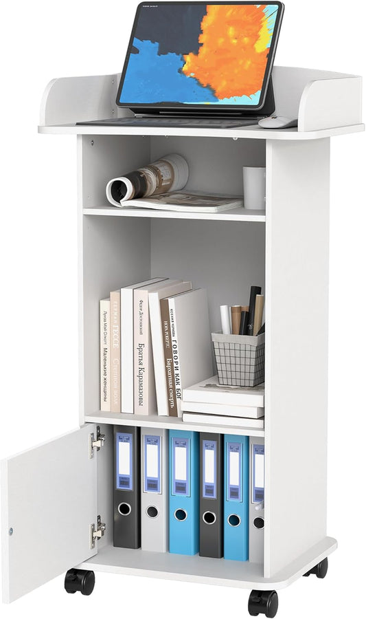 Houten Podium Witte Lessenaar met Opslag Plank Podium Stand met Kast Mobiele Lessenaar Stand met Wielen Preekstoel Stand
