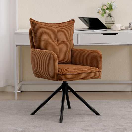Draaifauteuil – Draaistoel – Bureaustoel Zonder Wielen – Make-up Stoel – Corduroy Fauteuil – 360° Draaifunctie – Stevig Metalen Onderstel Bruin - QUORE